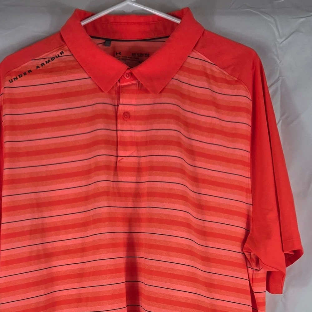 Under Armour Mens HeatGear Striped Polo Shirt Orange Red 2XL Tall Loose Fit